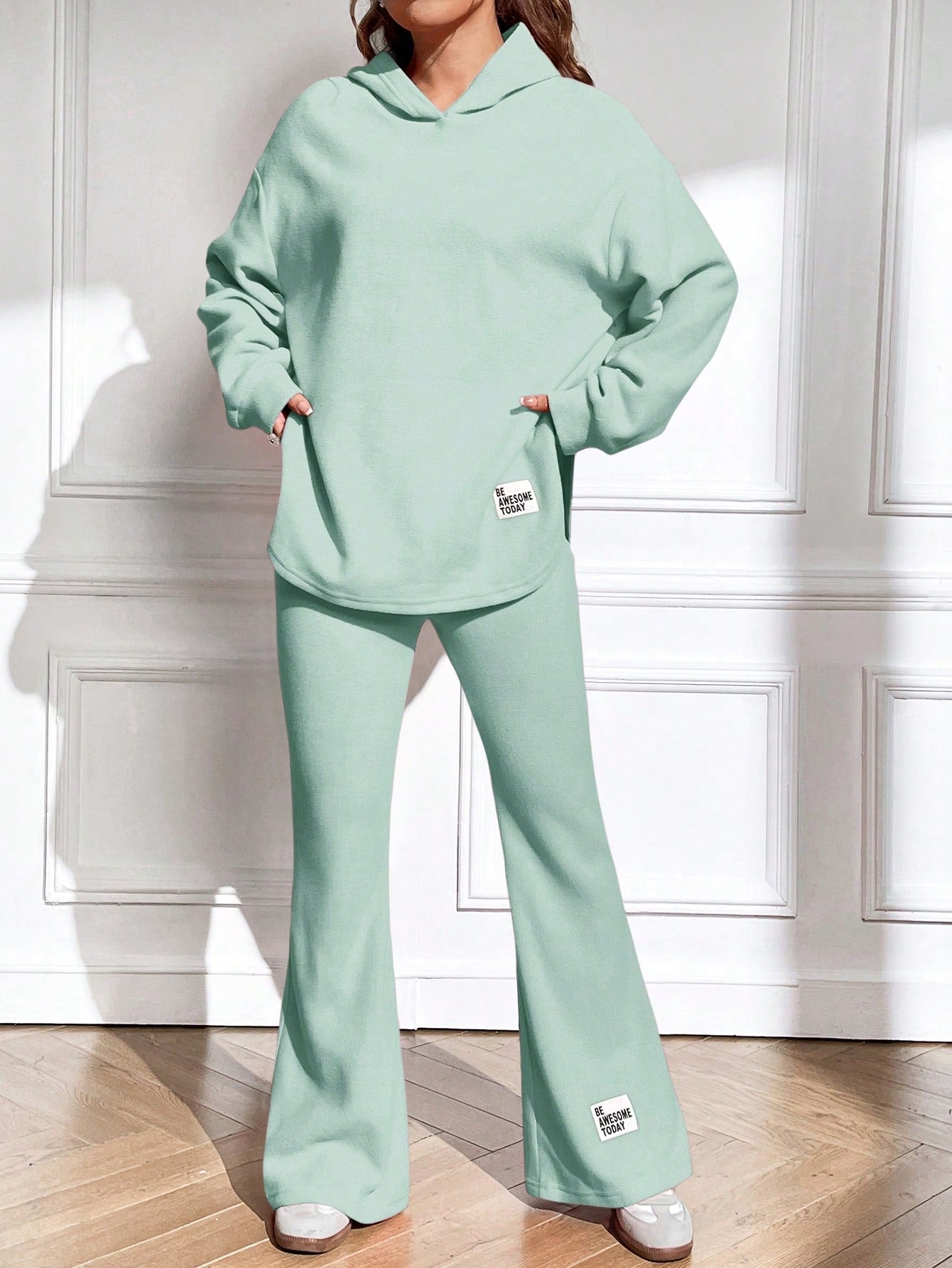 Letter Patched Drop Shoulder Hoodie & Flare Leg Pants-Mint Green