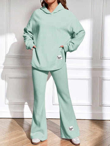 Letter Patched Drop Shoulder Hoodie & Flare Leg Pants-Mint Green