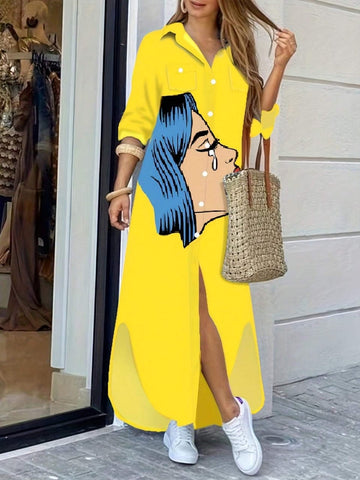 Figure Graphic Shirt Dress _ Yellow