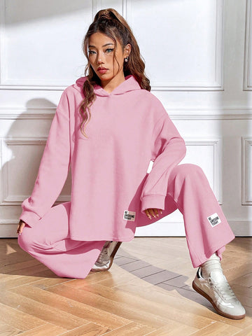 Letter Patched Drop Shoulder Hoodie & Flare Leg Pants-Pink