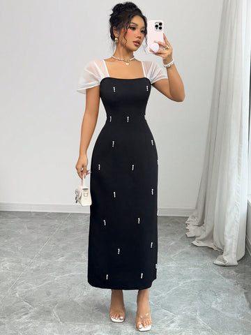 Square Neck Dress With Pearls _Black/white