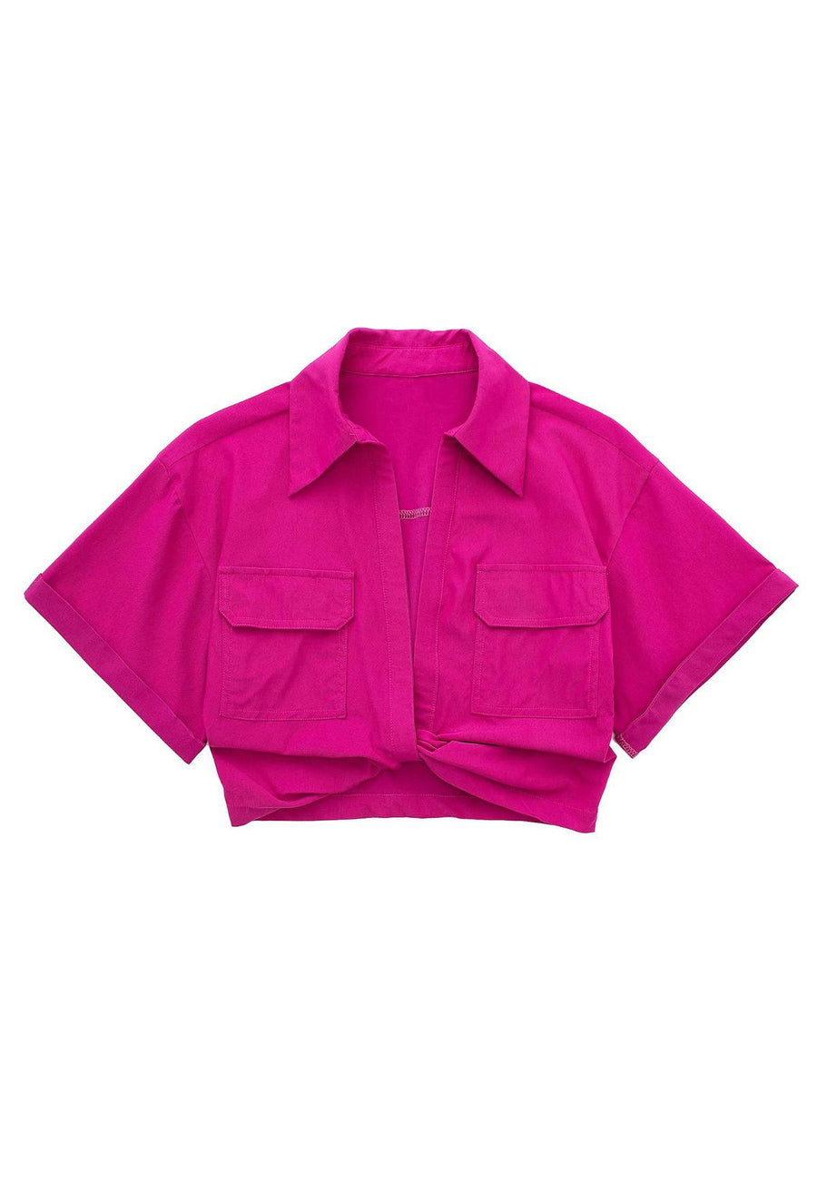 FRONT TIE FLAP POCKET CROP SHIRT _Pink
