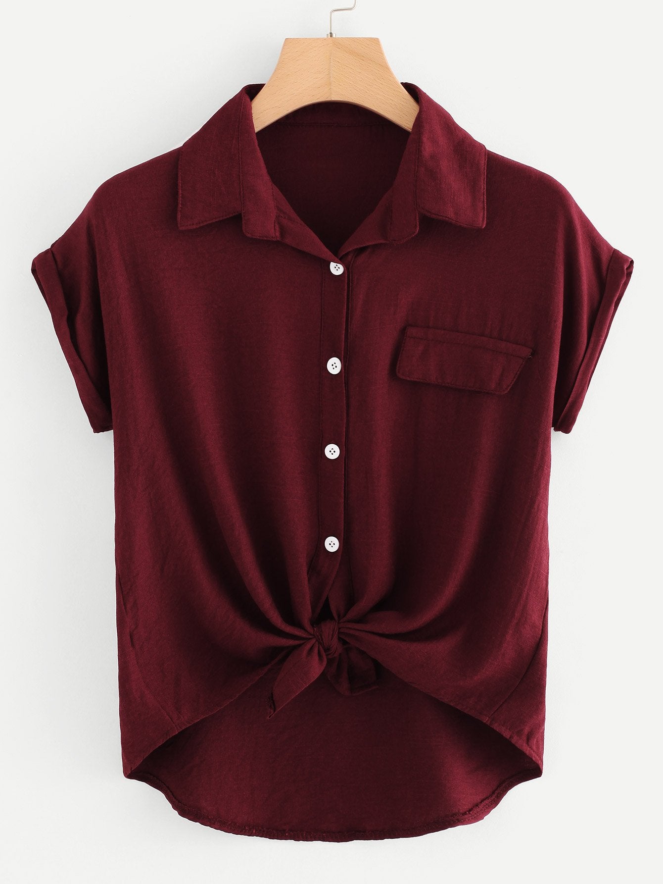 Knotted Self-Tie Button-Front Shirt_Maroon