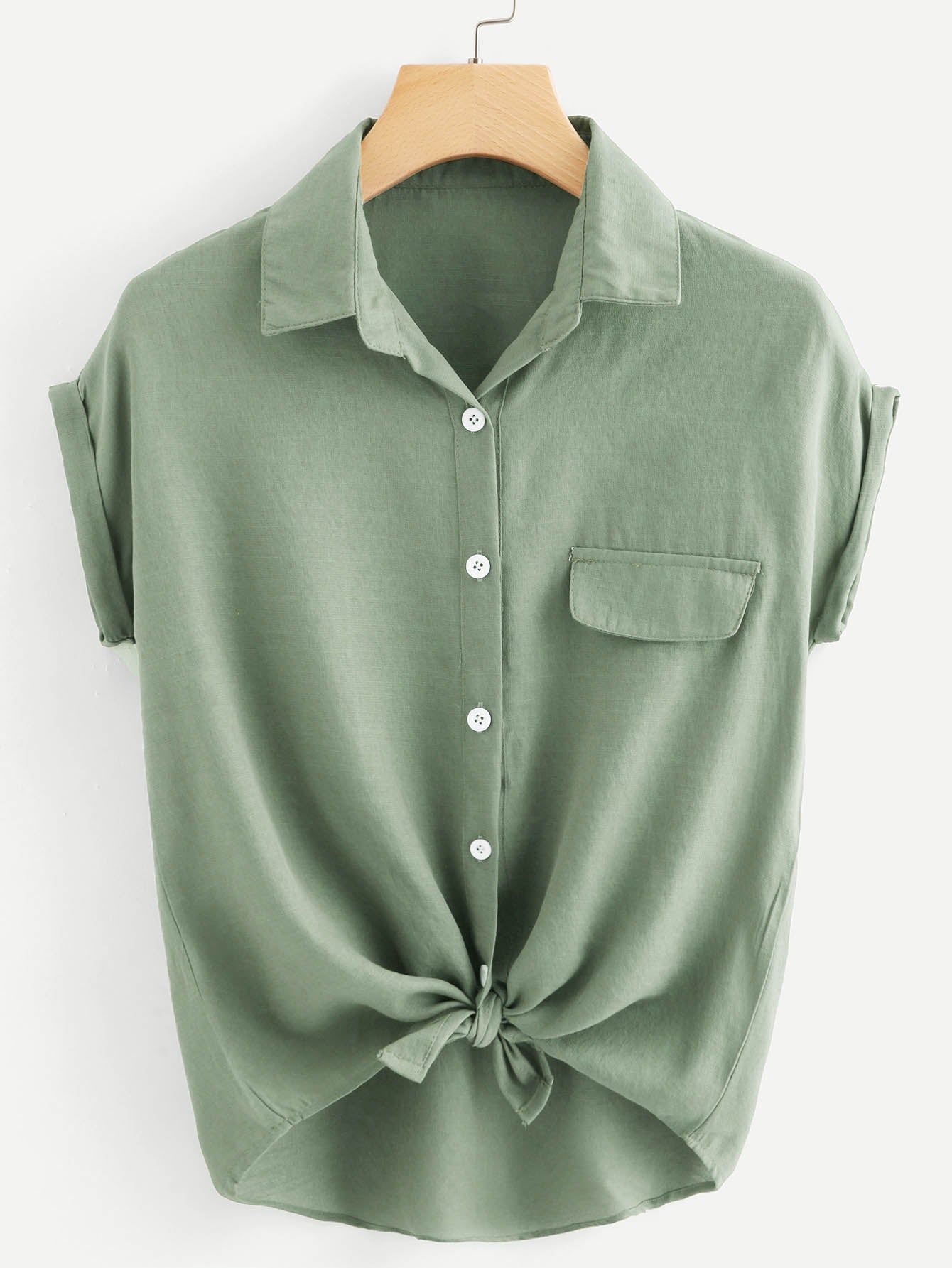 Knotted Self-Tie Button-Front Shirt_Mint Green