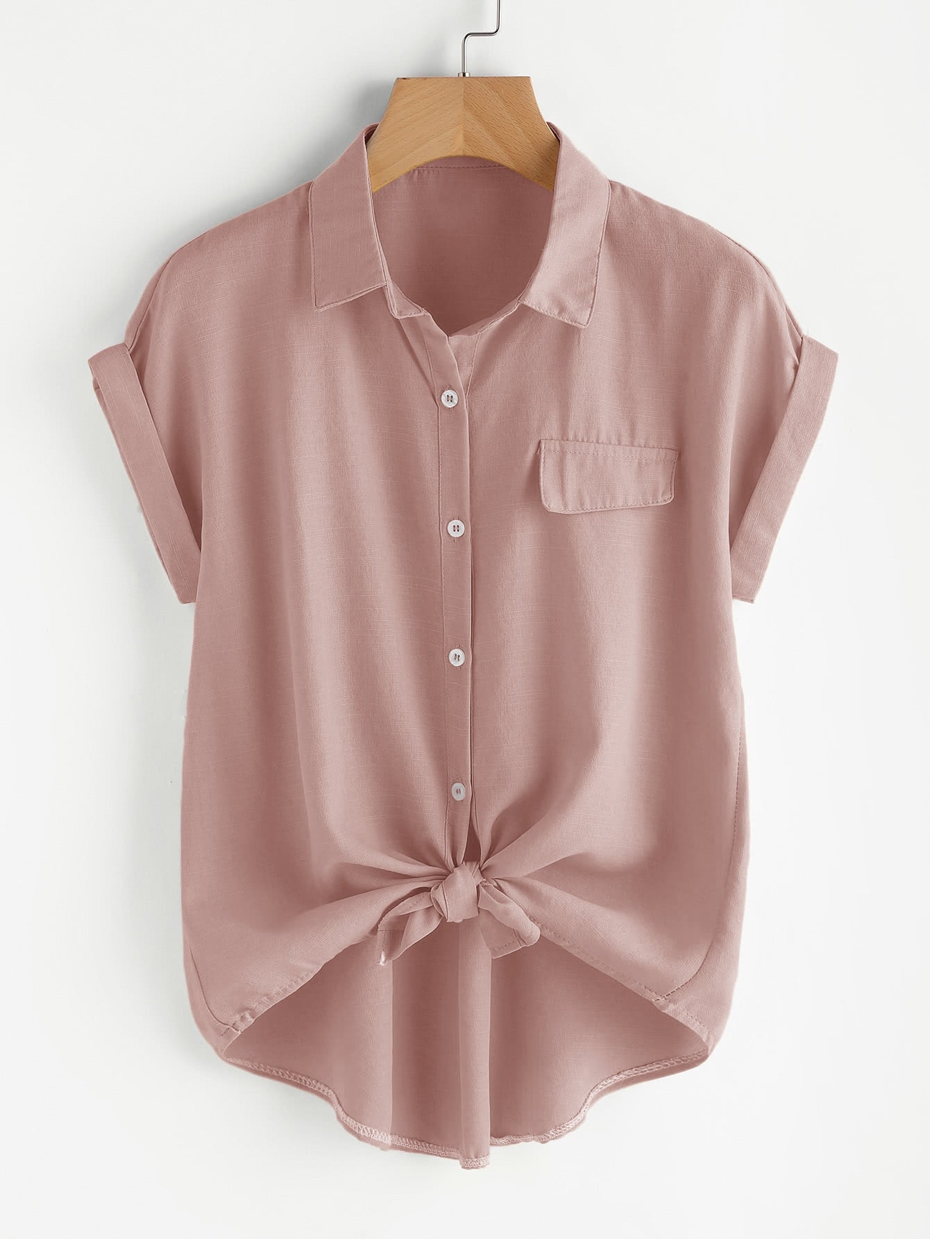 Knotted Self-Tie Button-Front Shirt_Pink