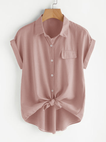 Knotted Self-Tie Button-Front Shirt_Pink