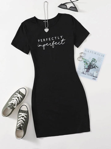 Letter Graphic Bodycon Dress_Black