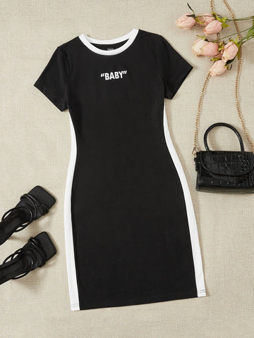 Letter Graphic Contrast Side Seam Dress_Black