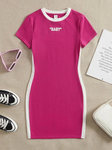 Letter Graphic Contrast Side Seam Dress_Pink