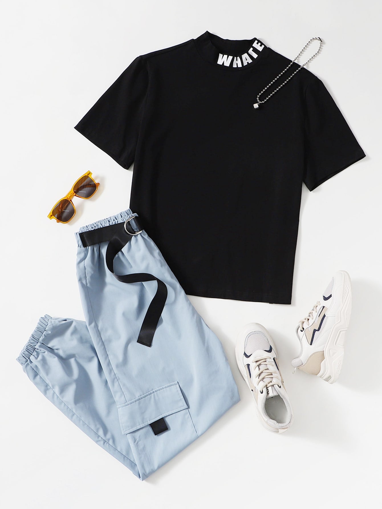 Letter Graphic Tee & D-ring Tie Top & Pant_ Blue