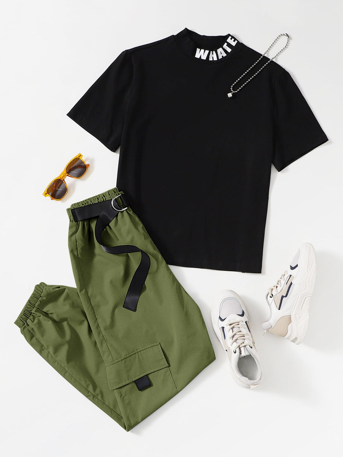 Letter Graphic Tee & D-ring Tie Top & Pant_Green