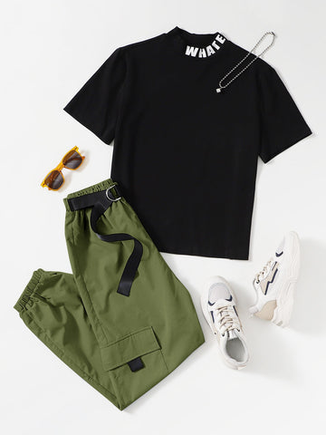 Letter Graphic Tee & D-ring Tie Top & Pant_Green