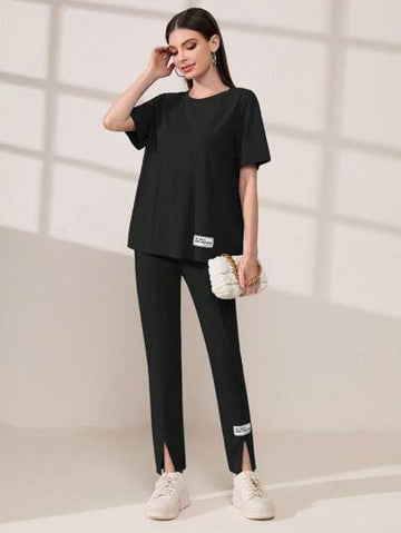 Letter Patch Detail Tee & Slit Hem _ Black
