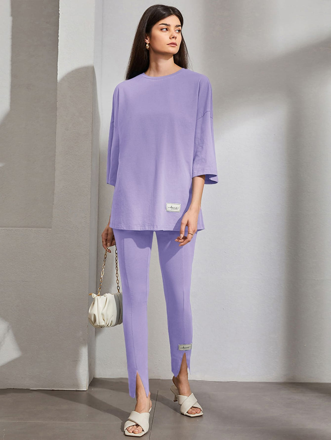 Letter Patch Detail Tee & Slit Hem _ Lilac
