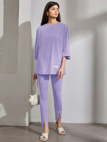 Letter Patch Detail Tee & Slit Hem _ Lilac