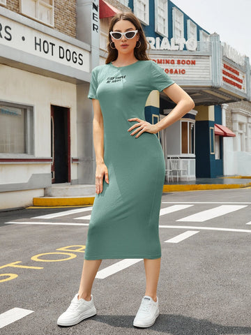 Letter Print Bodycon Dress_Mint Green
