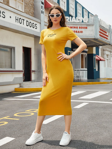 Letter Print Bodycon Dress_Yellow