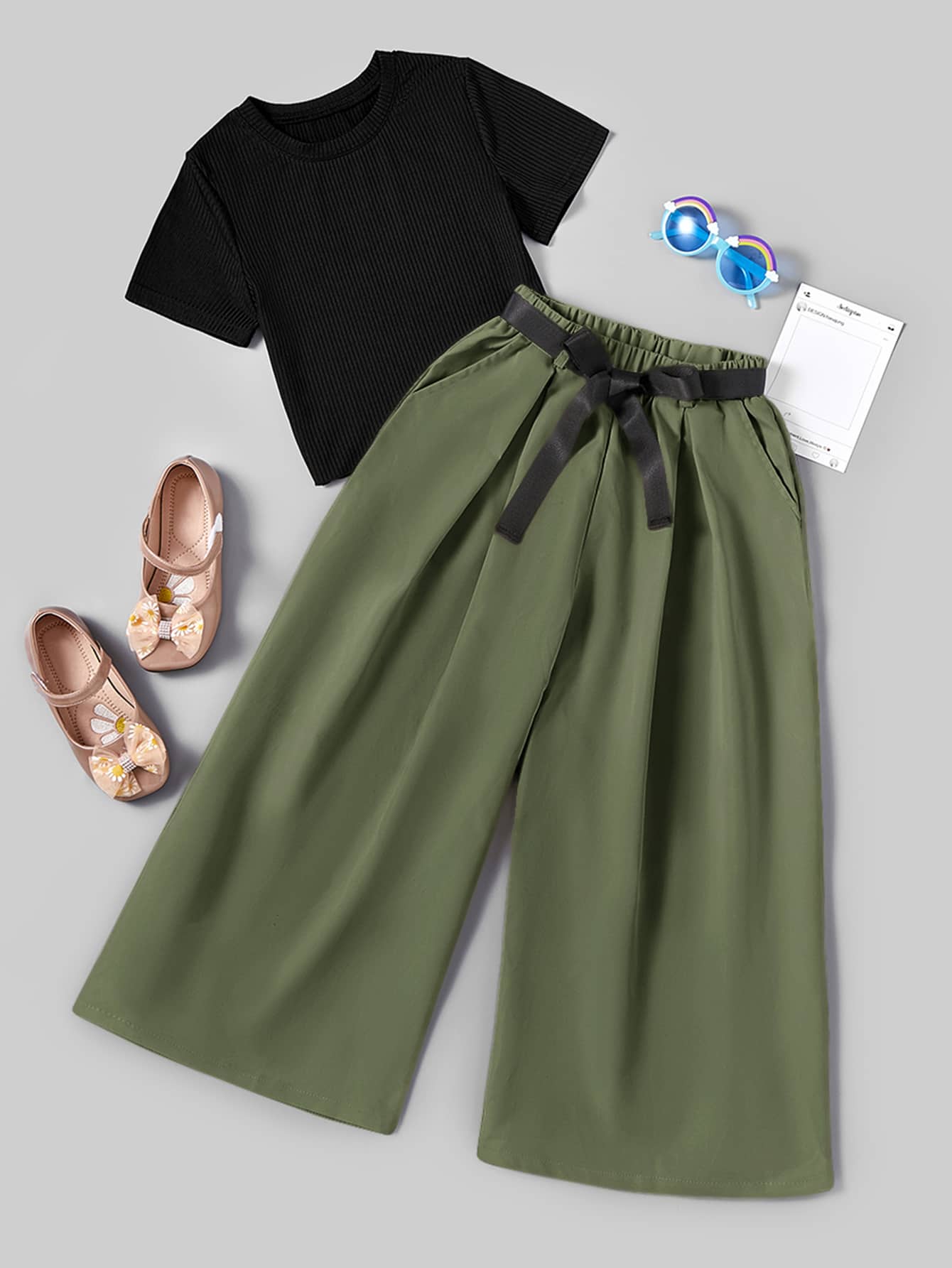 Round Neck Top & Belted Wide Leg_ Green