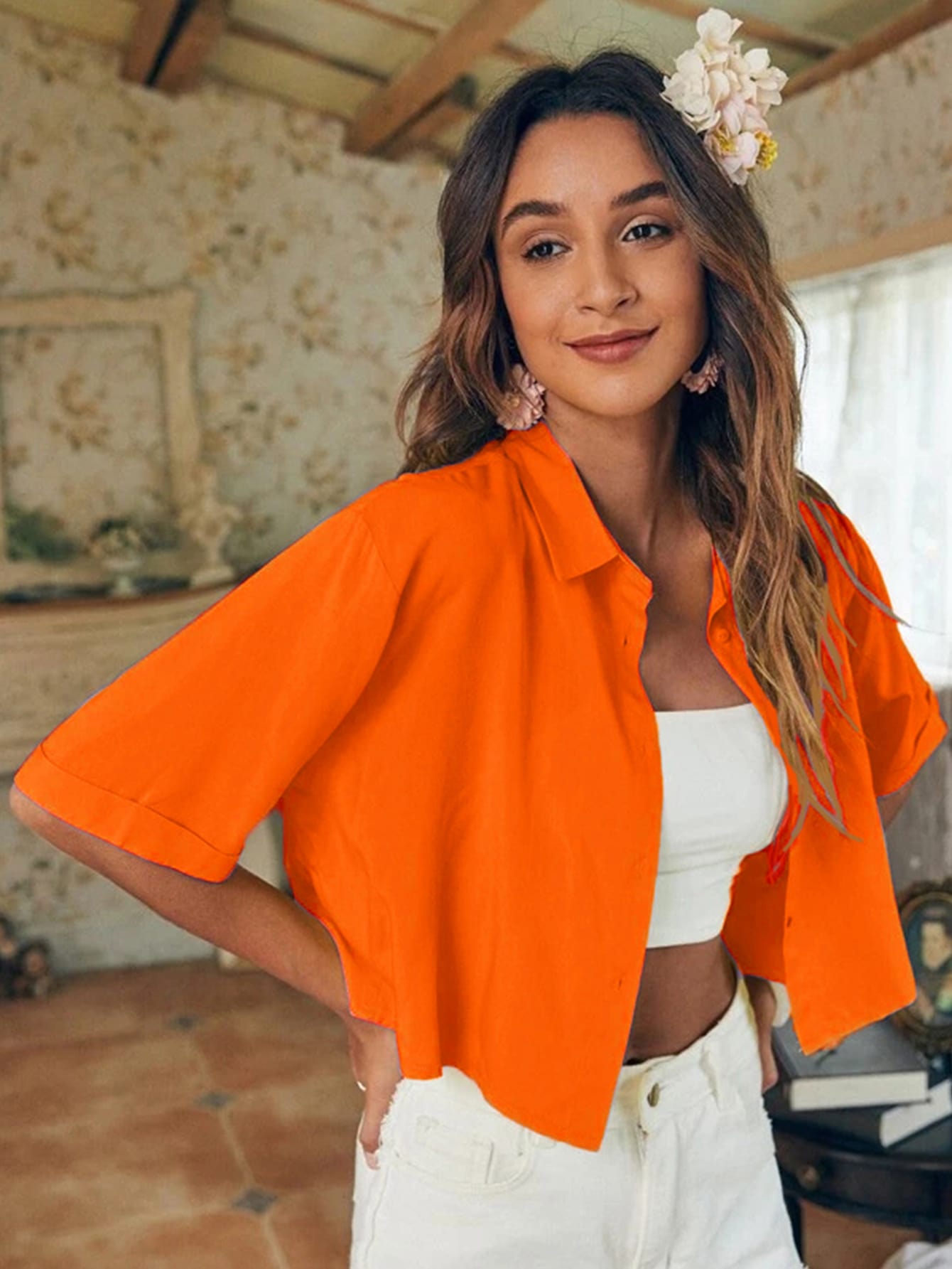 SHORT BODY HEM SLEEVES BUTTON UP SHIRT_ORANGE