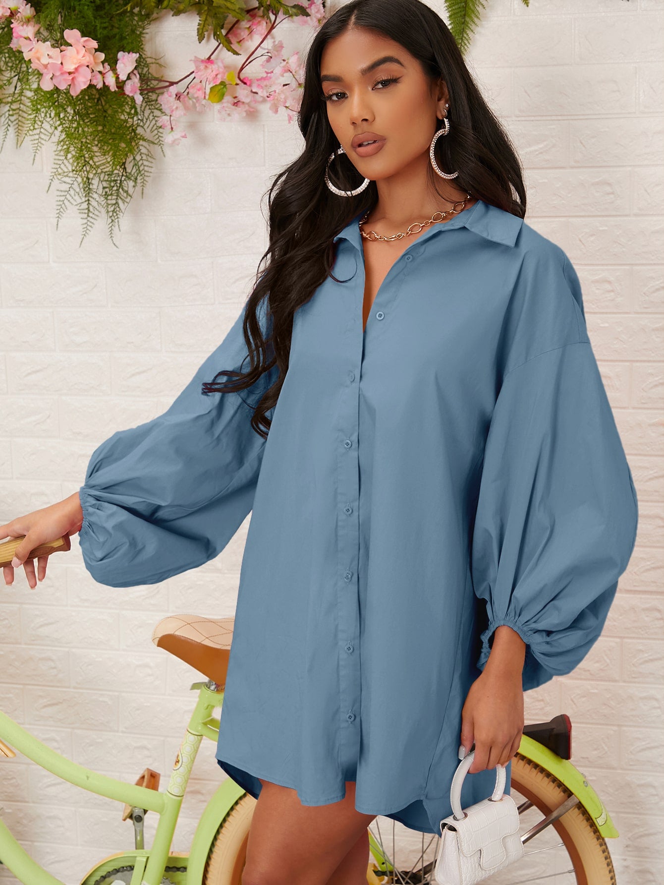 SOLID COLOR PUFF SLEEVES BUTTON UP SHIRT_Blue