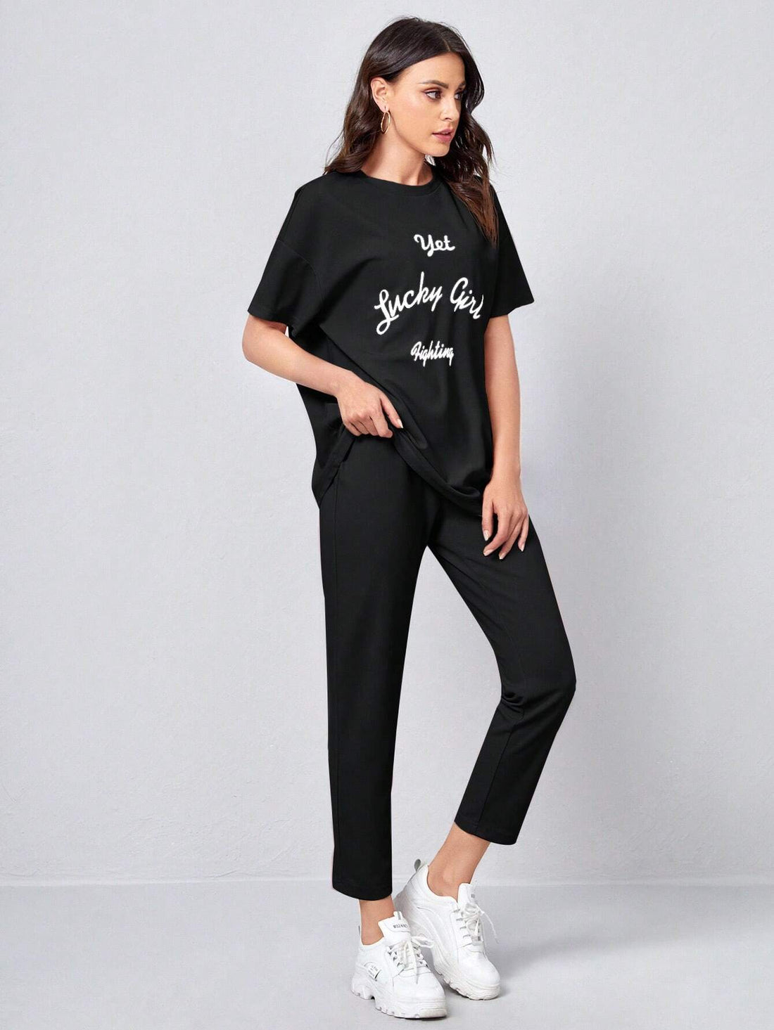 Slogan Graphic Tee & Trousers _ Black