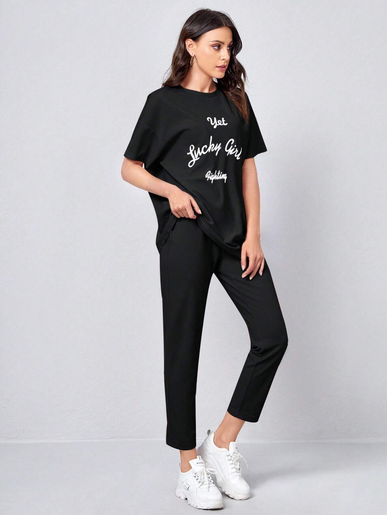 Slogan Graphic Tee & Trousers _ Black