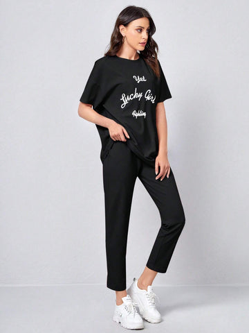 Slogan Graphic Tee & Trousers _ Black