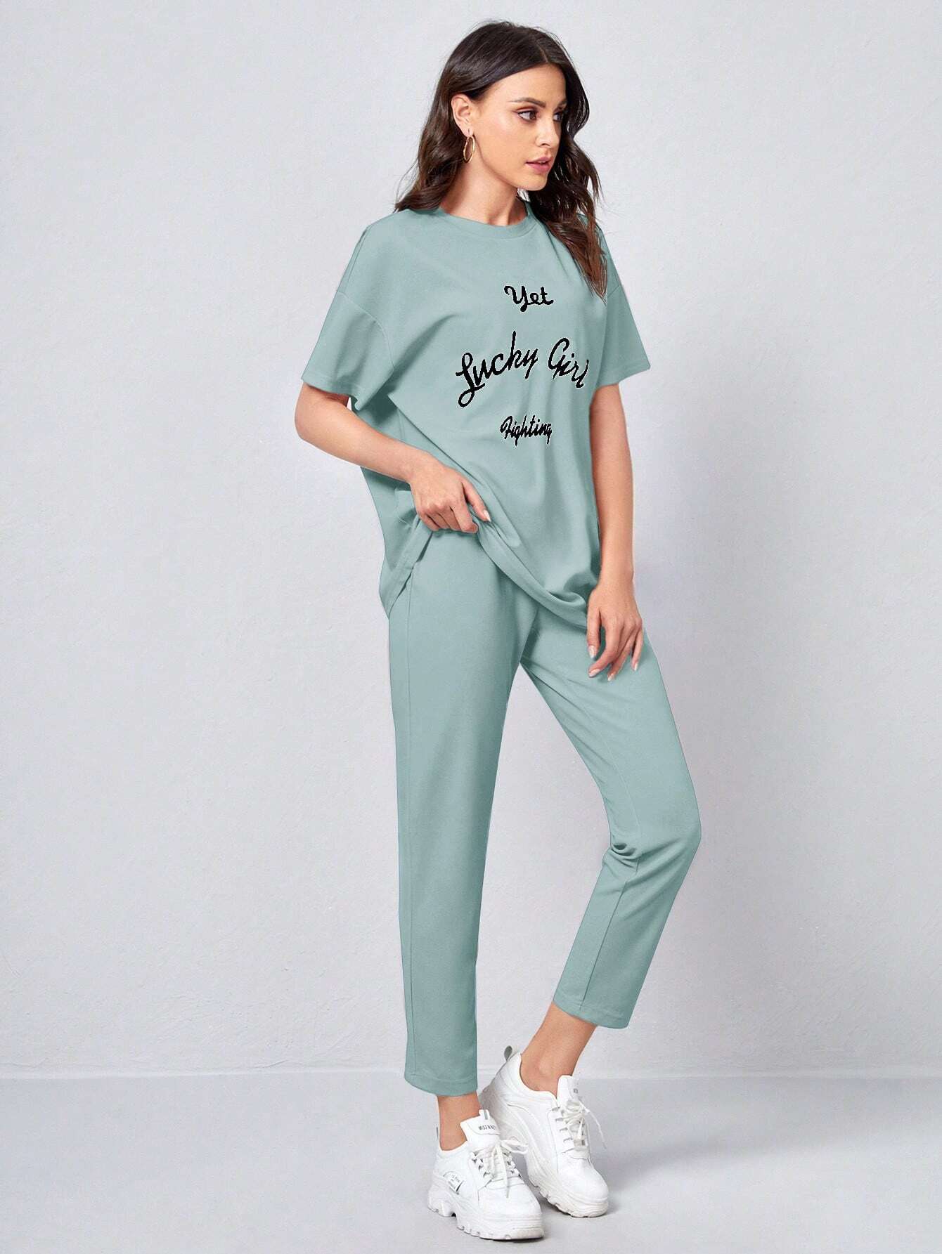 Slogan Graphic Tee & Trousers _ Mint Green
