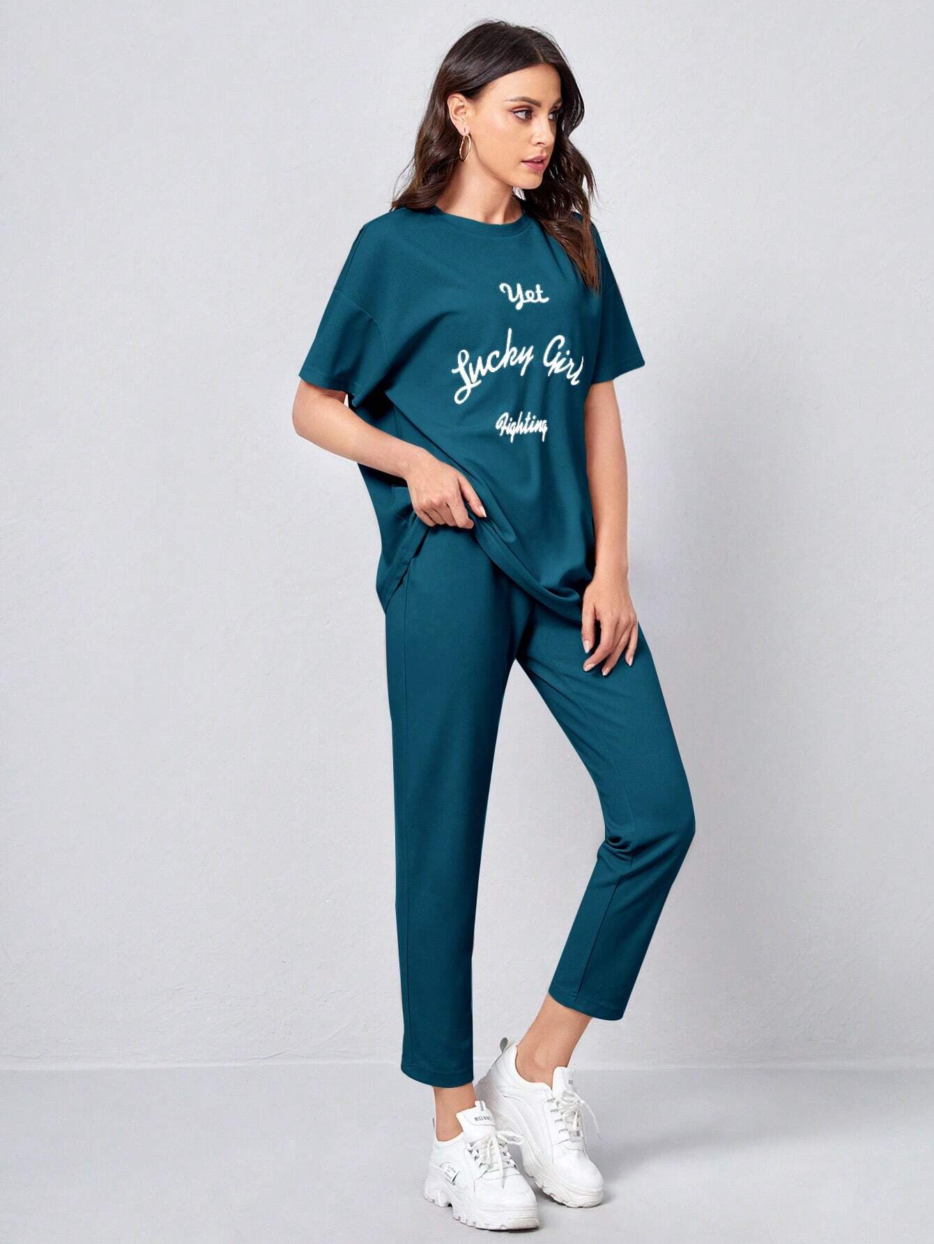 Slogan Graphic Tee & Trousers _ Teal Blue