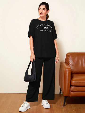 Slogan Graphic Tee & Wide bottom _ Black