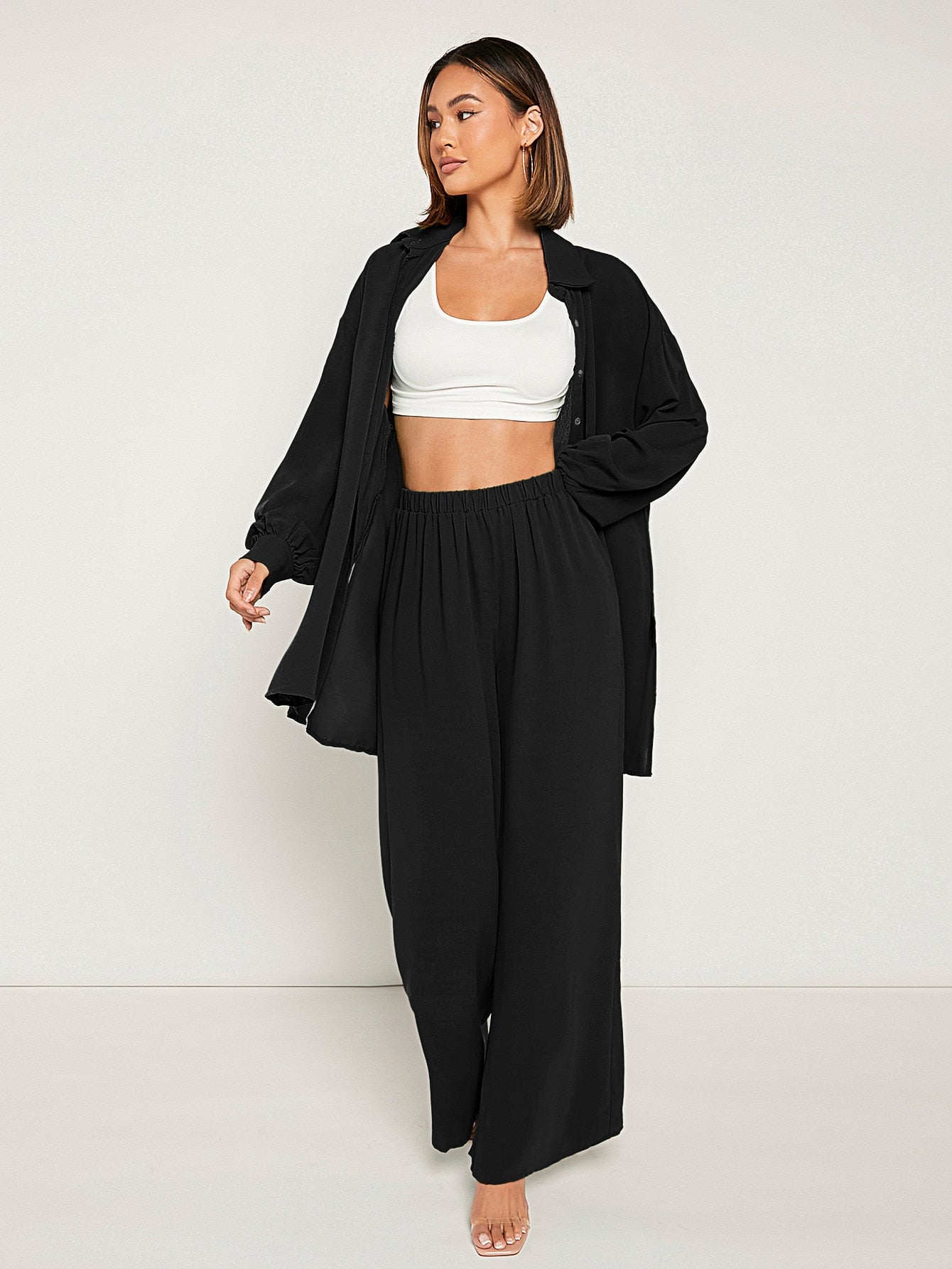 Solid Button Front  Blouse & Pant _ Black