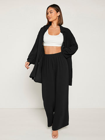 Solid Button Front  Blouse & Pant _ Black