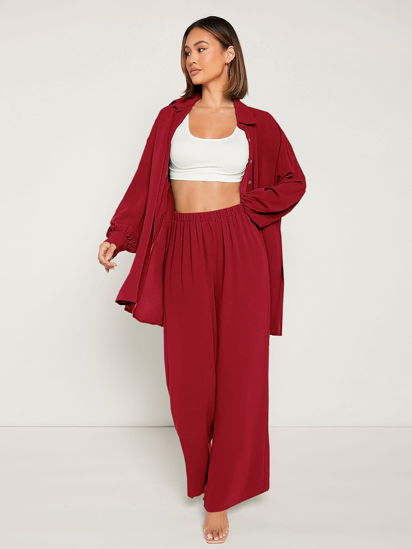 Solid Button Front  Blouse & Pant _ Red
