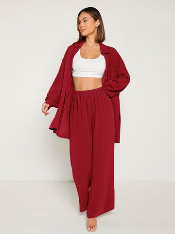 Solid Button Front  Blouse & Pant _ Red