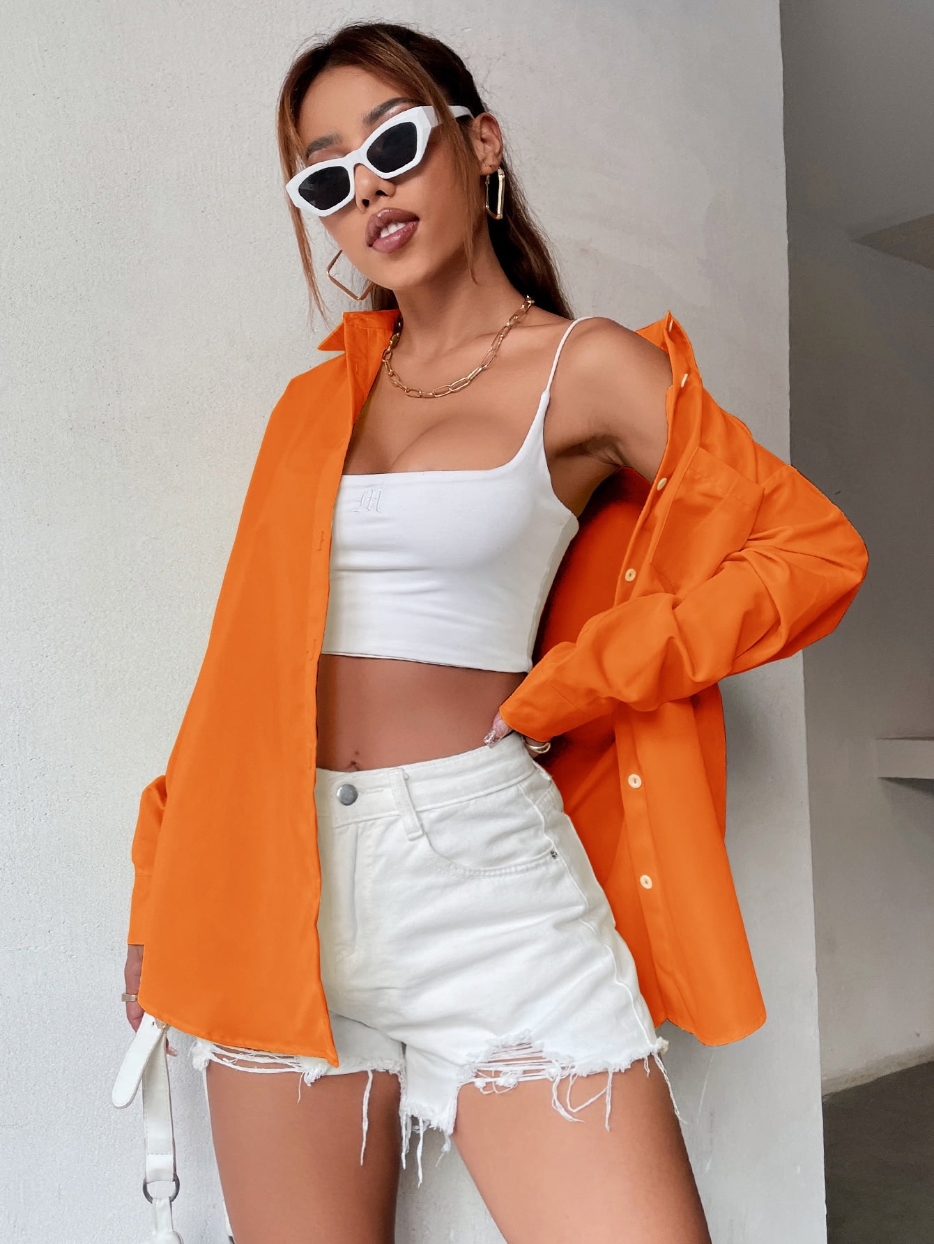 Solid Color Button Up Shirt _ Orange