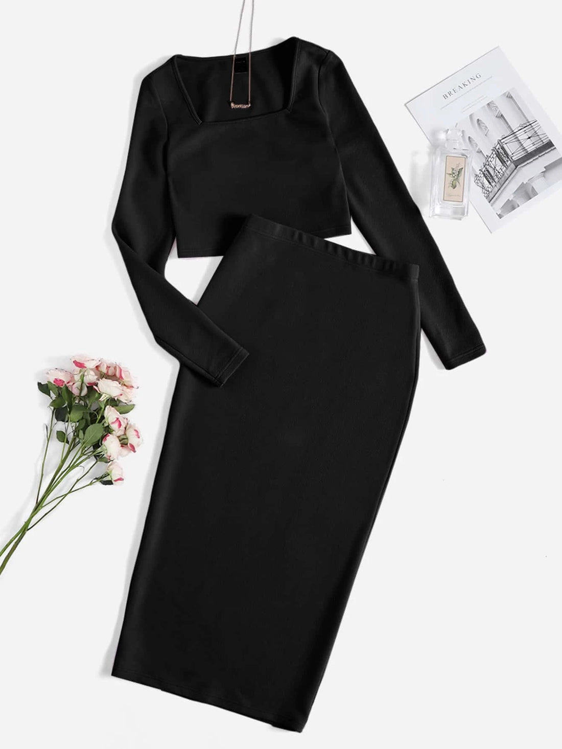Solid Top & Split Hem Pencil Skirt Set_ Black