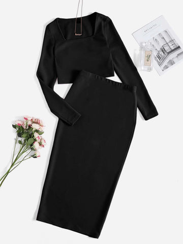 Solid Top & Split Hem Pencil Skirt Set_ Black