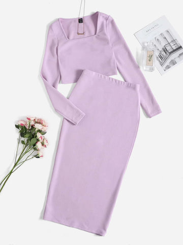 Solid Top & Split Hem Pencil Skirt Set_Lilac