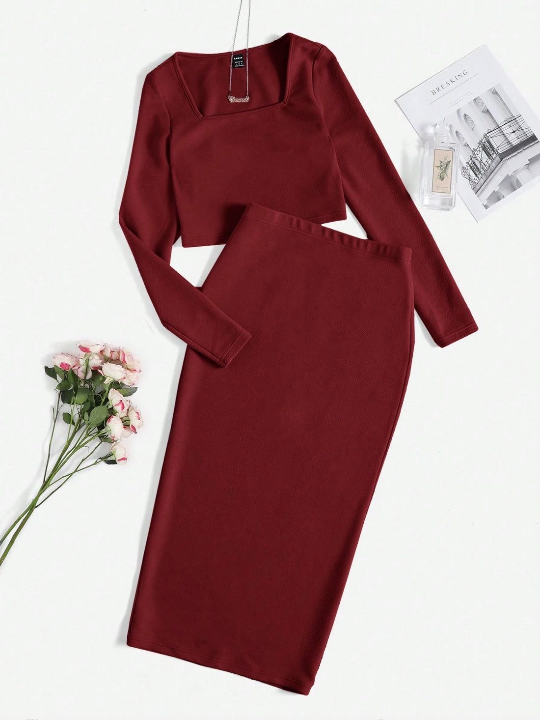 Solid Top & Split Hem Pencil Skirt Set_Maroon