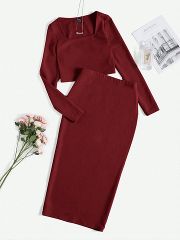 Solid Top & Split Hem Pencil Skirt Set_Maroon
