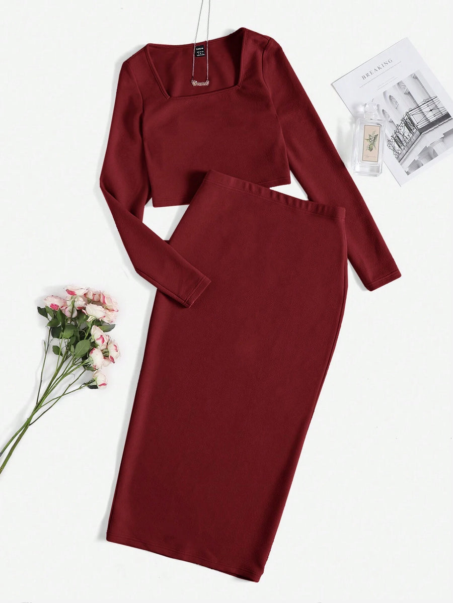 Solid Top & Split Hem Pencil Skirt Set_Maroon