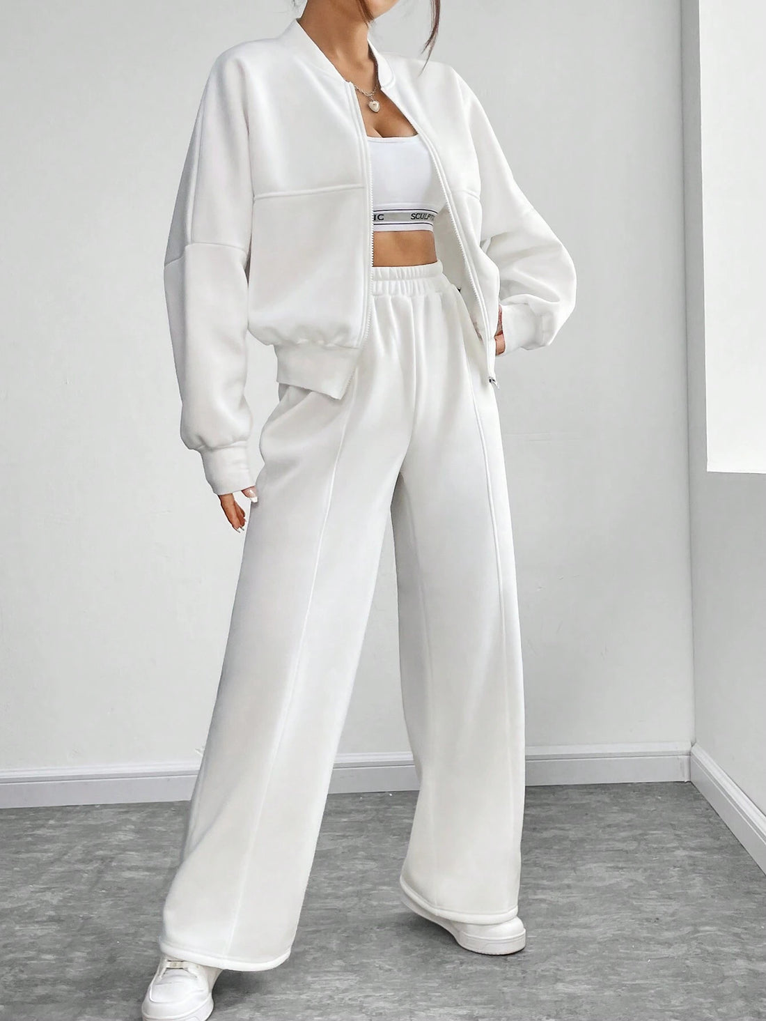 Plain Open Zip & Flare Leg Pants-White