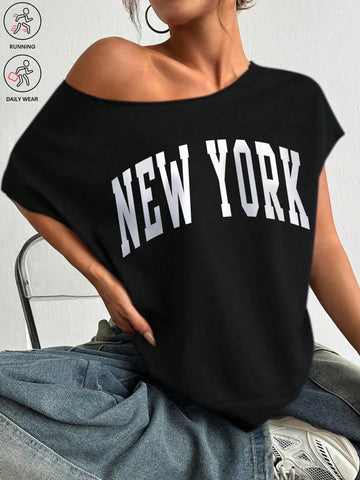 New York Boat neck Solid color Gym Tee _Black