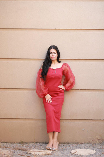 Mesh Sleeves Dress _ Maroon