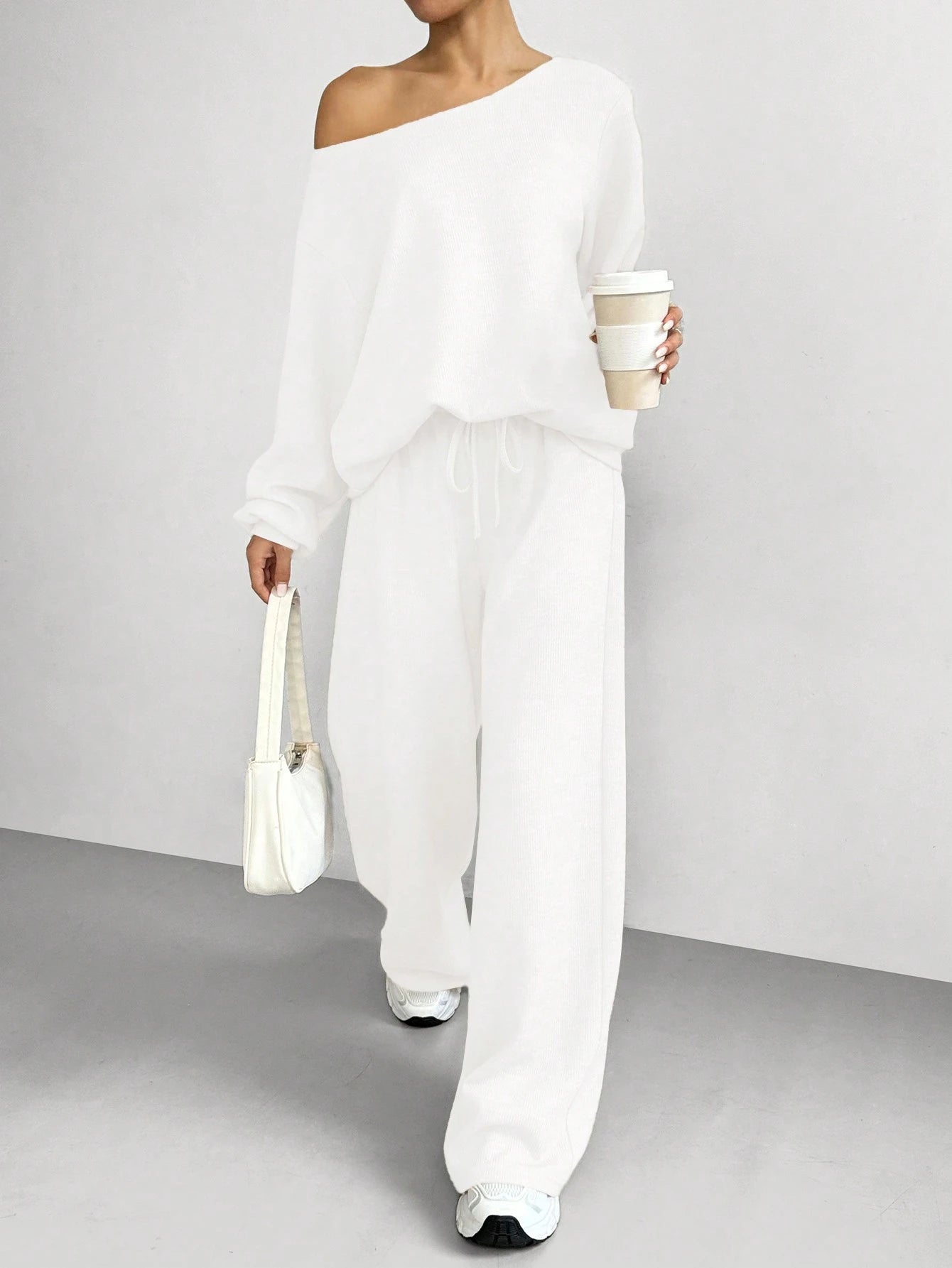 Boat Neck Solid color summer Tracksuit_White