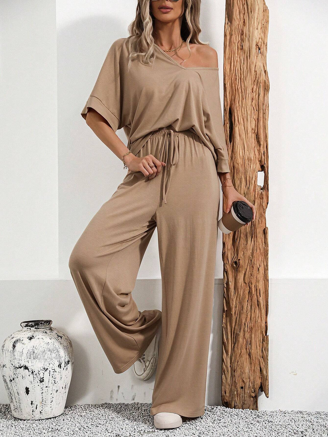 V neck Solid color summer Tracksuit_Skin