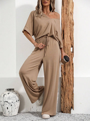 V neck Solid color summer Tracksuit_Skin