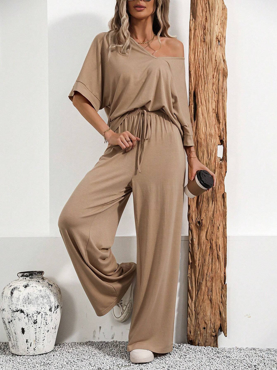 V neck Solid color summer Tracksuit_Skin