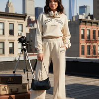 Collar Zip Letter Graphic Sweat & Flare Leg Pants-Cream White