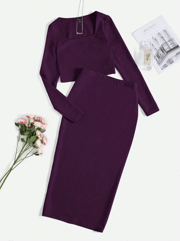 SOLID TOP & SPLIT HEM PENCIL SKIRT SET_ Magenda